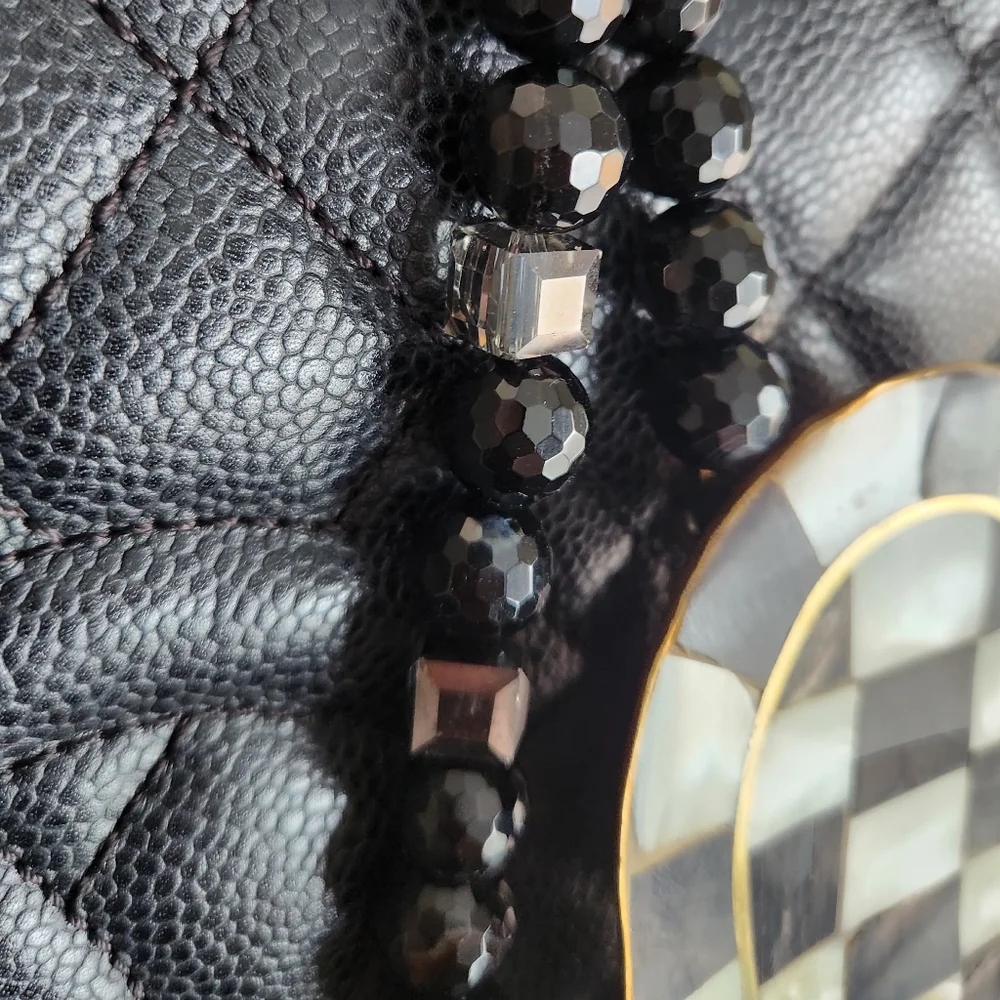 🦪Mother Of Pearl, Chrystals Checkered Pendant Bag Charm w/Goldtone Hardware - Picture 4 of 16